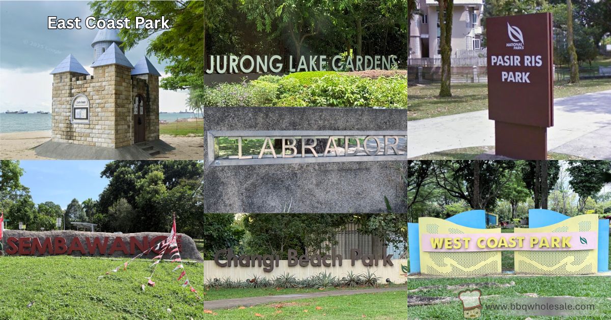 Collage of entrance signs from Singapore’s top BBQ parks — East Coast Park, Jurong Lake Gardens, Pasir Ris Park, Sembawang Park, Changi Beach Park, and West Coast Park — popular destinations for BBQ pit bookings and halal BBQ gatherings