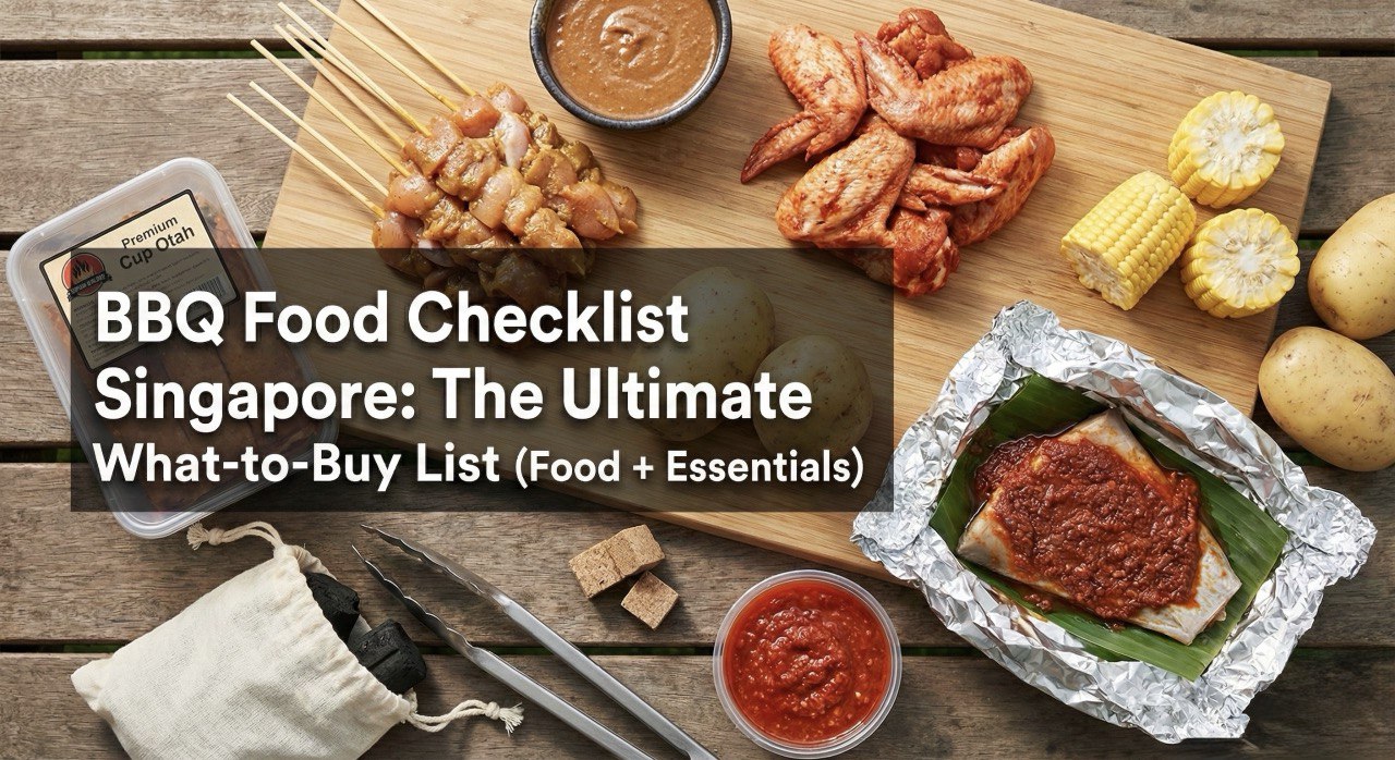 Singapore BBQ checklist featuring halal-certified meats, seafood, vegetables, and essentials from BBQ Wholesale Centre.