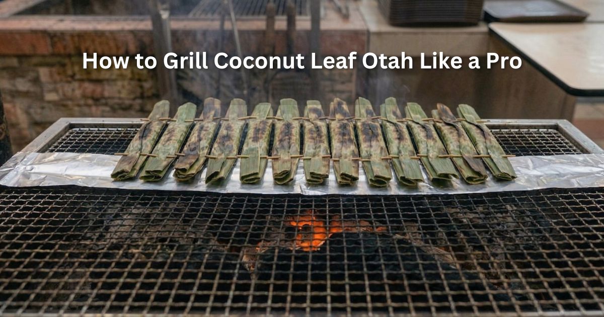 Traditional coconut leaf-wrapped Otah fish cakes grilling over open flame, authentic Singapore BBQ recipe.