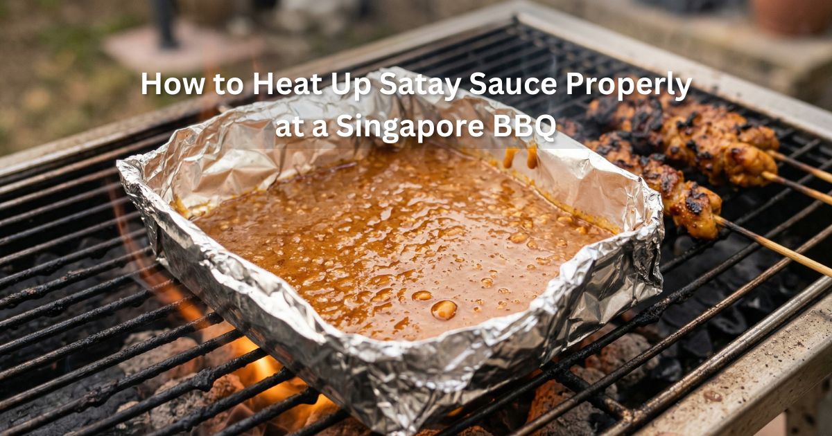 Satay sauce bubbling in foil tray on BBQ grill beside skewers of meat at Singapore barbecue
